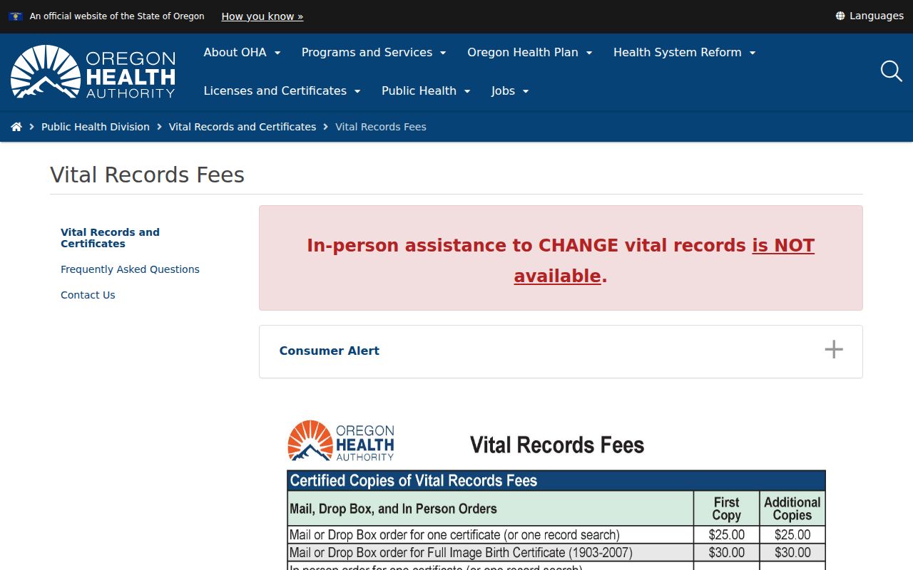 Ashland residents directory Oregon vital-record fee and ordering information