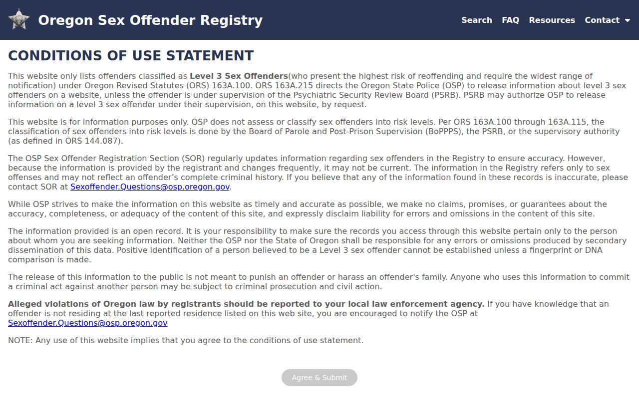 Ashland neighbors Oregon State Police public safety registry entry