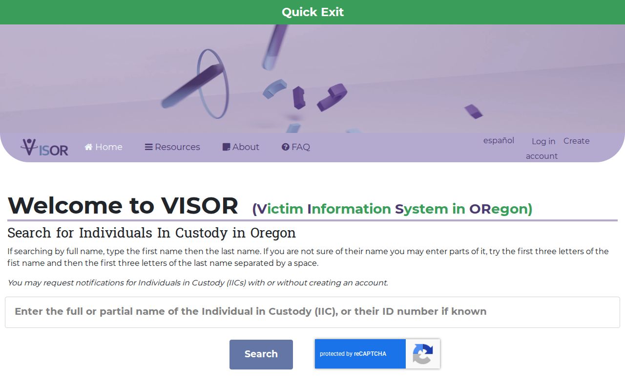 Ashland neighbors Oregon VISOR custody lookup page
