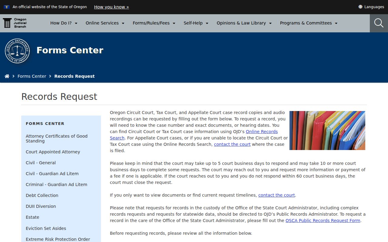 Ashland resident lookup Oregon Judicial Department records request page