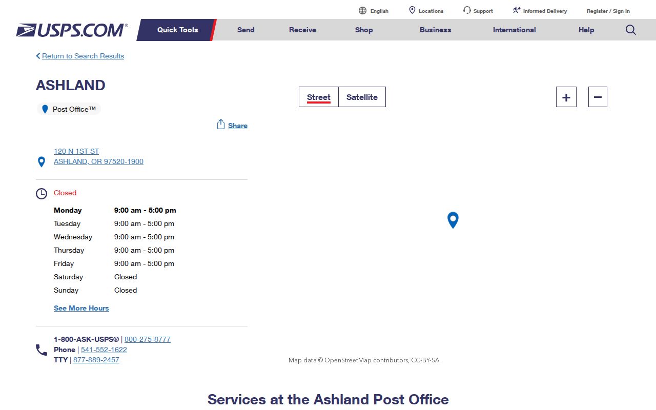 Ashland ZIP code directory verification through the USPS Ashland 97520 post office page